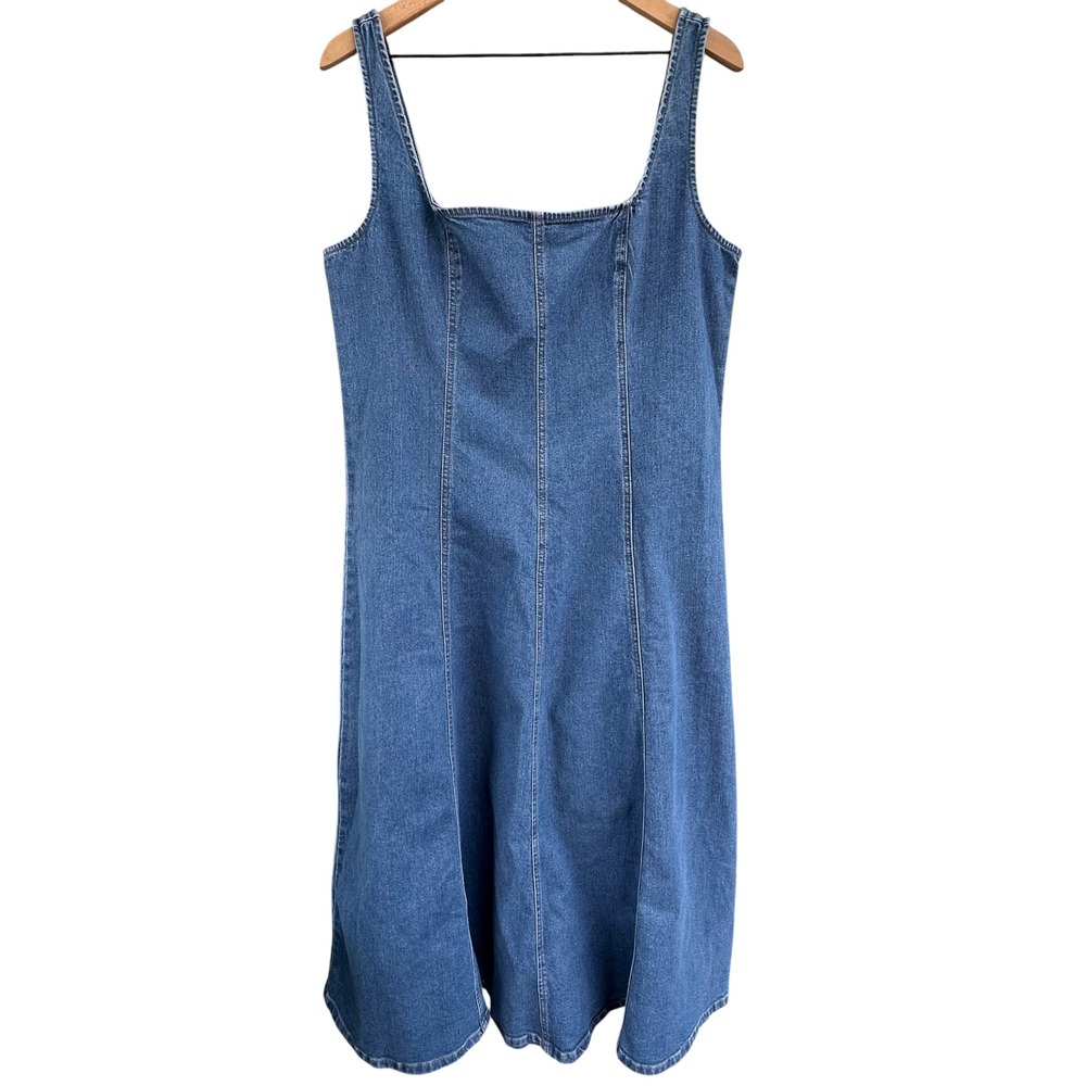 Old Navy Fit & Flare Denim Midi Dress Blue Square Neck Zipper Back Womens L NEW